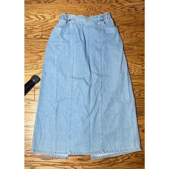 Cathy Daniels Stretch Denim Skirt Long Medium Light Wash 90s Clothing Back Slit - Picture 1 of 5